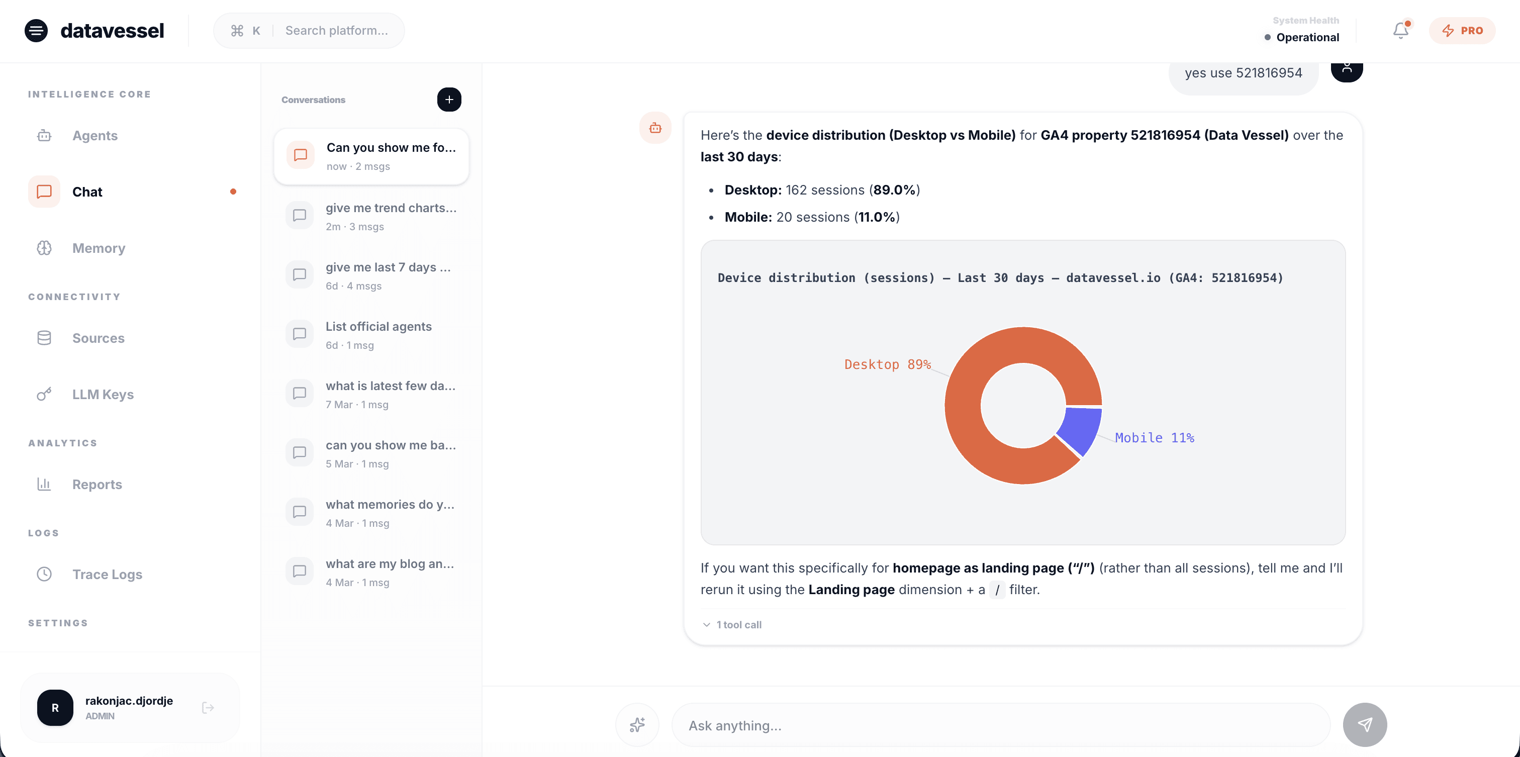 Example datavessel chat answering an analytics question