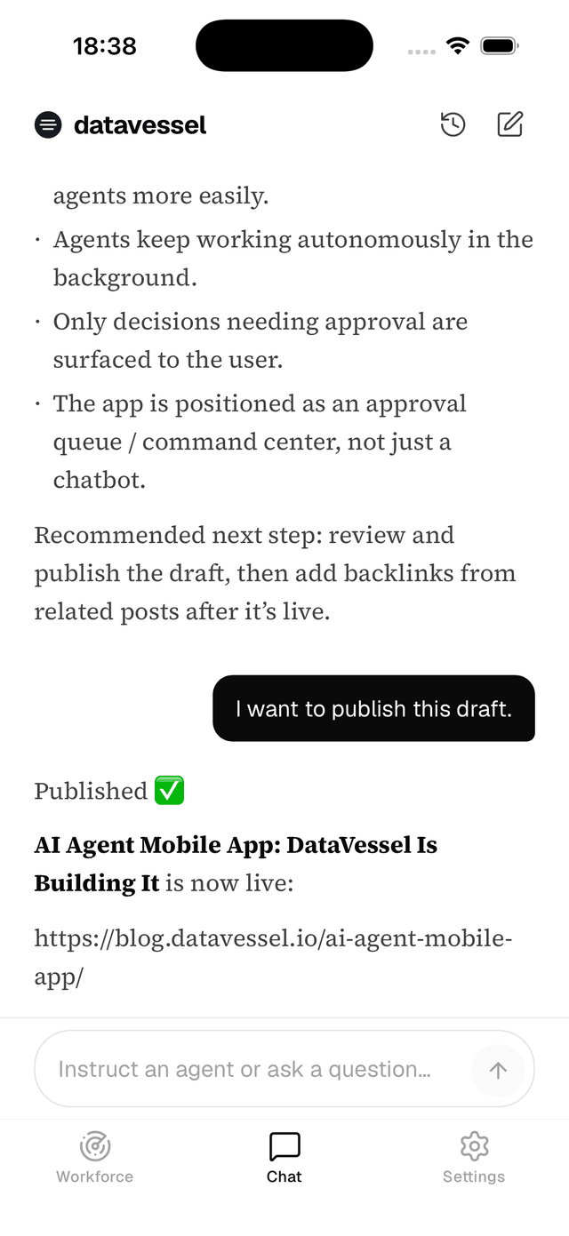 datavessel mobile app — chatting with an agent about analytics