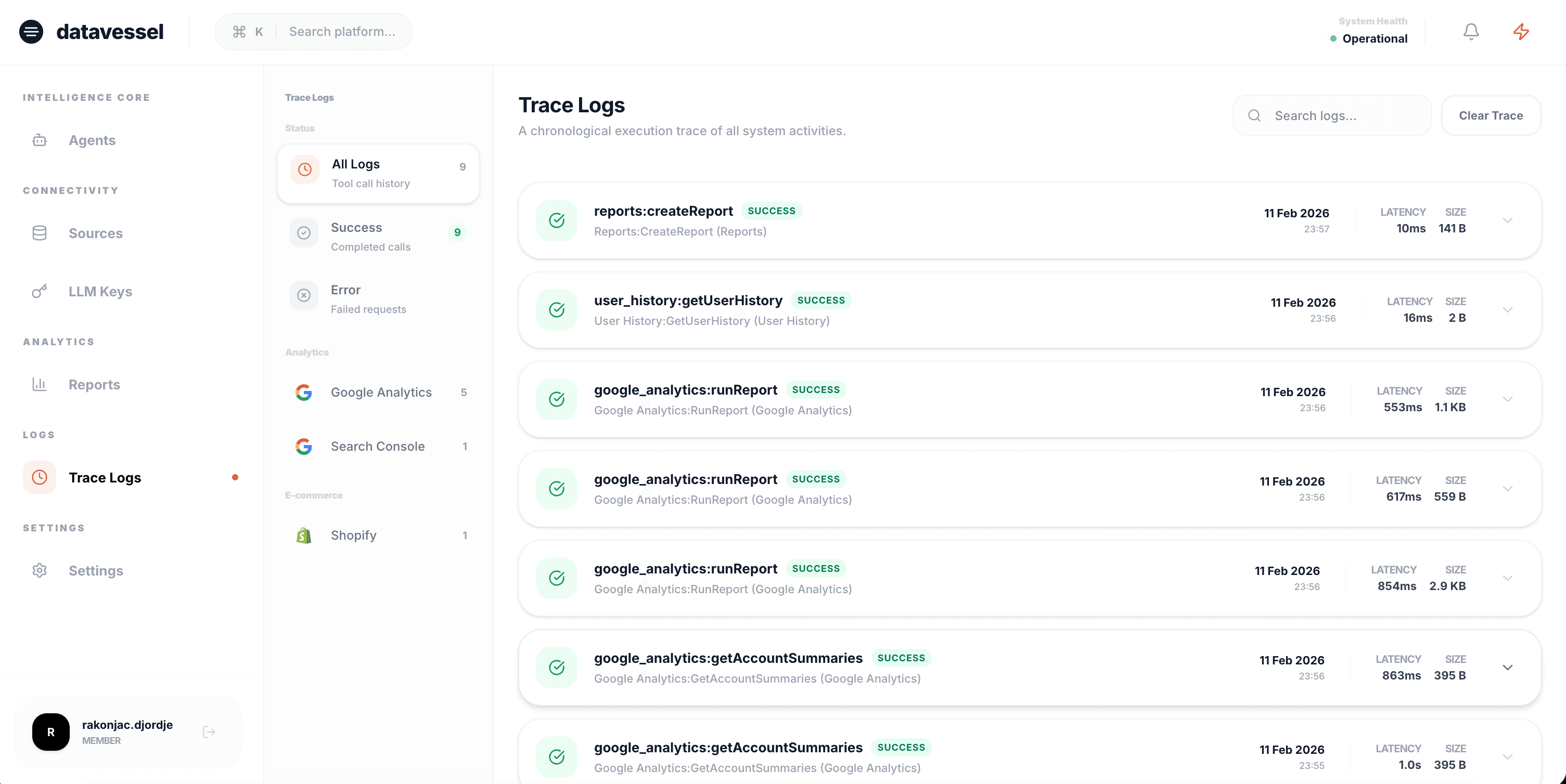 Trace logs showing full execution history and API call details